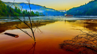 River boat trees mountain painting 2 - a painting of a river free wallpaper