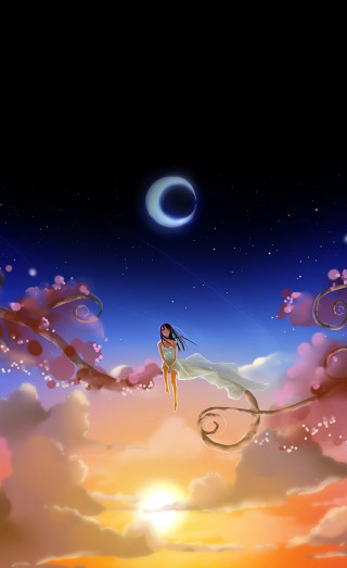 Woman flying clouds crescent sky - free sci-fi wallpaper for mobile