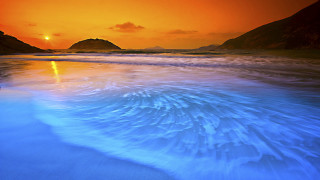 Sunset beach waves mountains orange - orange sky free wallpaper for desktop