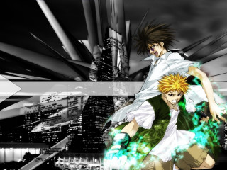 Anime characters city green light - their shoulder free wallpaper