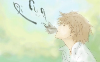 Man blowing bubble drawing face - amano free wallpaper