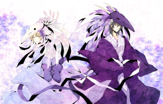 Anime couple purple outfits flowers - their shoulder free wallpaper