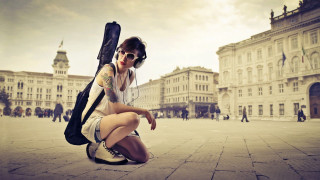 Woman kneeling guitar case backpack - anka zhuravleva free wallpaper