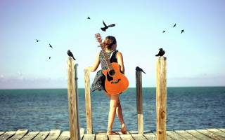 Woman dock guitar birds flying - free bird wallpaper