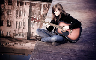 Woman dock guitar reflection building - elizabeth durack free wallpaper