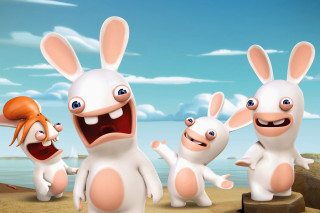 Cartoon rabbits beach ocean sky - ultra realistic face free wallpaper