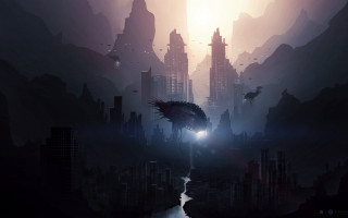 Futuristic city river bird nighttime - biopunk free wallpaper for desktop
