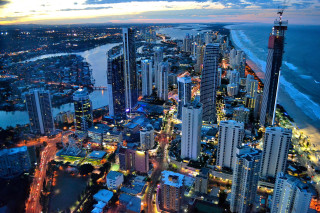 City night tall buildings beach - aerial view free wallpaper