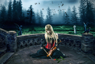 Woman sitting wall violin forest - a violin free wallpaper for desktop