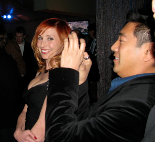 Woman black dress photographed man - free happy birthday wallpaper for tablet