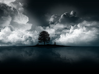 Lone tree lake clouds man 2 - a small island free wallpaper for desktop