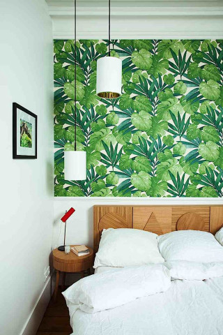 Bed white comforter green wallpaper 3 - maximalism free wallpaper for mobile