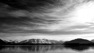 Lake mountains clouds trees foreground 2 - monochrome free wallpaper