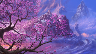 Mountain tree river background painting - a painting of a mountain free wallpaper