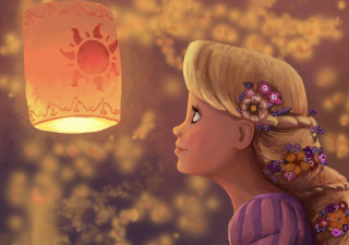 Girl looking paper lantern sky - storybook illustration free wallpaper for desktop