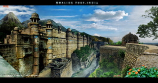 Castle cliff river tree foreground - a painting of a castle free wallpaper