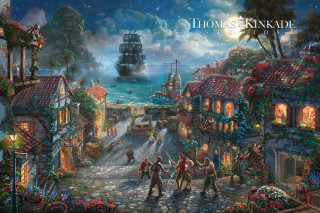 Town pirate ship people walking - kinkade free wallpaper