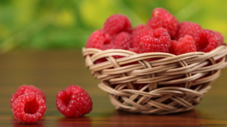 Basket raspberries table green background - berry free wallpaper for desktop