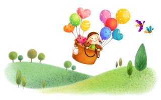 Girl flying basket balloons cat - a storybook illustration free wallpaper