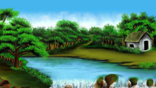 House river dog foreground background - a painting of a house free wallpaper for desktop