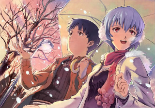 Anime characters umbrella snow trees - under free wallpaper for desktop