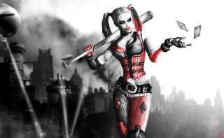 Gothic woman red black bat - her hand and a city in the background free wallpaper