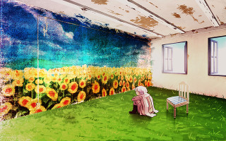 Person bench room mural sunflowers - a bench in a room free wallpaper