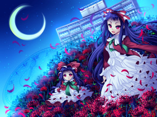 Anime girls field flowers building - orphism free wallpaper for desktop