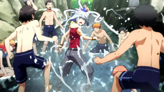 Group people pool water hoses - one person holding free wallpaper for desktop