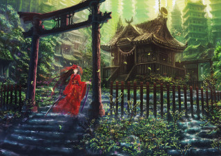 Woman red dress walking path - eishōsai chōki free wallpaper