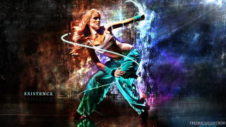 Woman sword dress posing waterfall - a sword and a dress free wallpaper