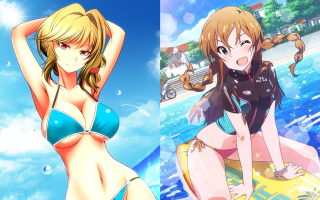 Anime girls bikinis surfboard water - a bikini free wallpaper