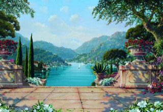 Garden lake flowers foreground boat - kinkade free wallpaper