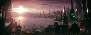 Futuristic city tall buildings sunset - star citizen halo free wallpaper for desktop