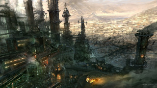 Futuristic city tall buildings smoke 2 - cedric peyravernay free wallpaper