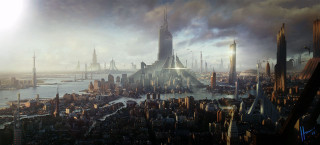 Futuristic city tall buildings water - cedric peyravernay free wallpaper for desktop