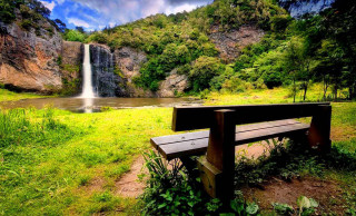 Bench waterfall lake forest garden - choi buk free wallpaper