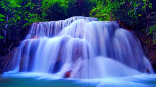 Waterfall blue pool trees sky 2 - a blue pool of water free wallpaper