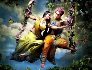 Women swing butterfly flying overhead - above them free wallpaper