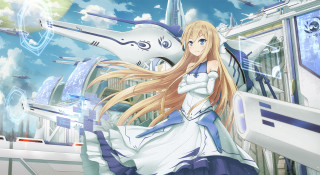 Woman white dress plane long - long hair and a sword free wallpaper