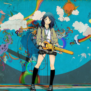 Girl chainsaw mural rainbow background - a rainbow background free wallpaper