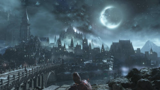 Man sitting ledge city night - a moon in the sky above free wallpaper
