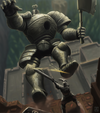 Giant robot attacking small robot - dark soul free wallpaper for tablet