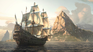 Ship ocean mountain birds flying - matte painting concept art free wallpaper