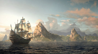 Ship ocean mountain sky clouds - cinematic matte painting free wallpaper
