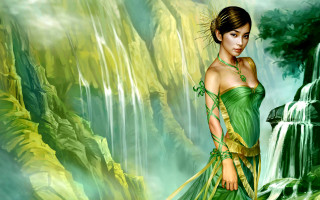 Woman green dress waterfall behind - a waterfall free wallpaper