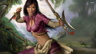 Woman pink outfit holding swords - art of brom free wallpaper