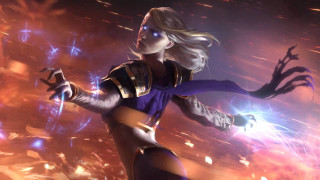 Woman purple sword glowing light - light behind her free wallpaper