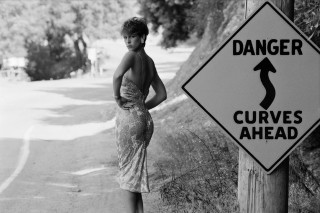 Woman danger curves ahead road - fine art free wallpaper for desktop