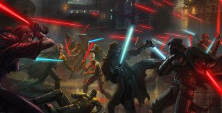 Star wars characters fighting lightsabers - a dark city free wallpaper